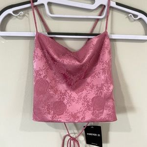NWT Forever 21 Satin Pink Floral Lace Up Top